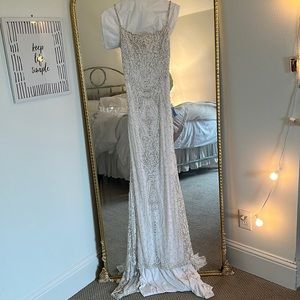 Long white beaded prom/wedding dress, small train, open back, WORN ONCE, beads